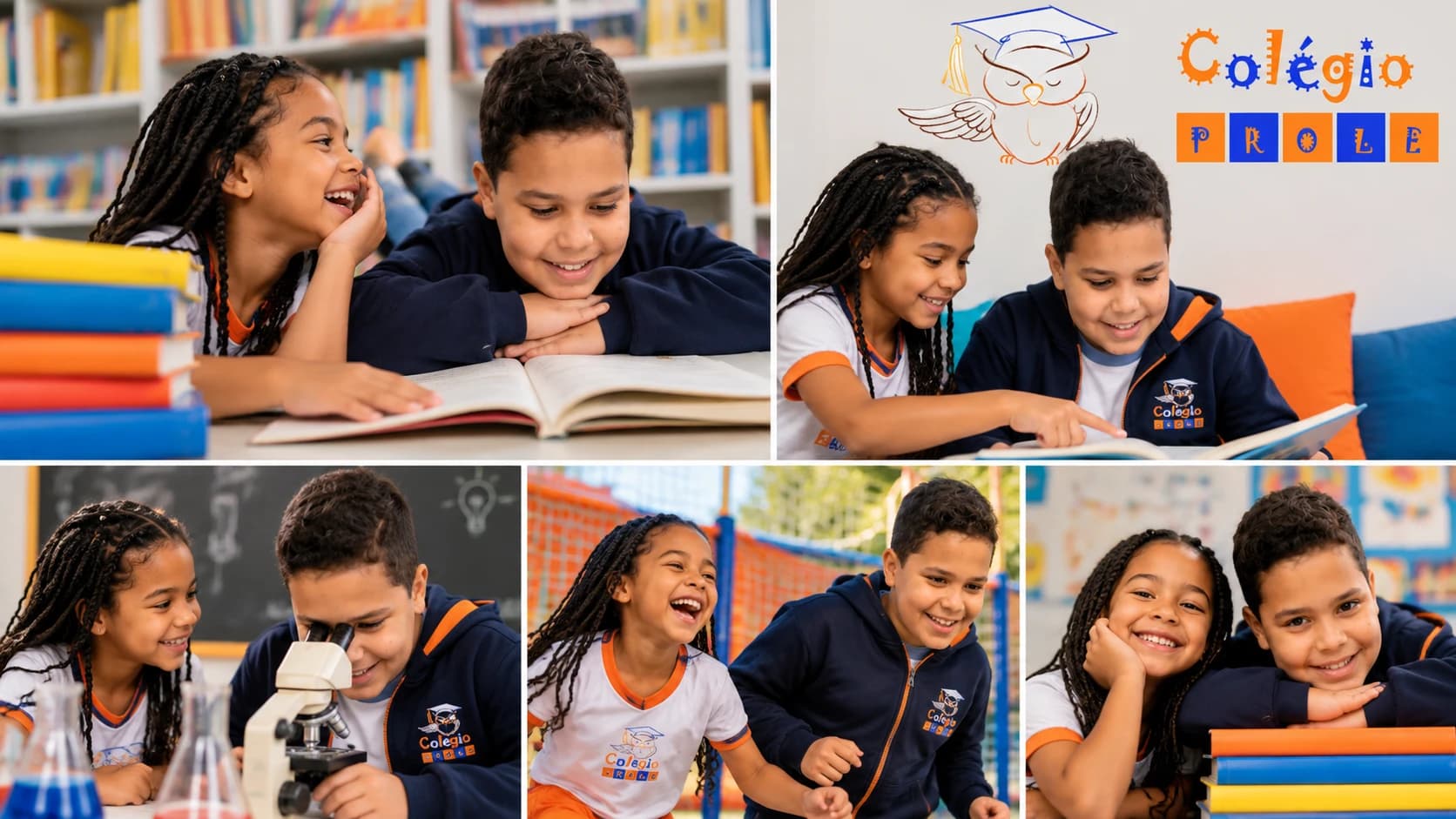 Alunos do Colégio Prole lendo, fazendo experiências de ciências, brincando e sorrindo juntos